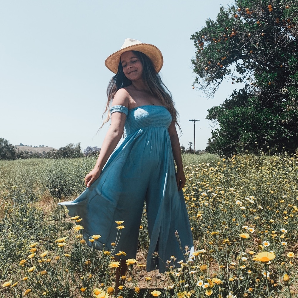 BOHME | Blue Off Shoulder Flowy Jumpsuit